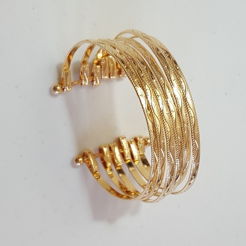 Gold‎ Tone Multi Strand Textured Wave Cuff Bracelet Statement Layered 5 Band